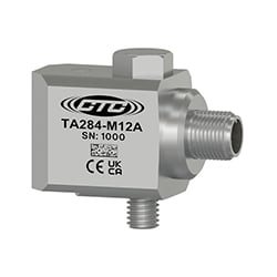 A stainless steel, standard size, M12 side exit TA284-M12A dual output vibration monitoring sensor engraved with the CTC Line logo, part number, serial number, and CE and UKCA certification markings.